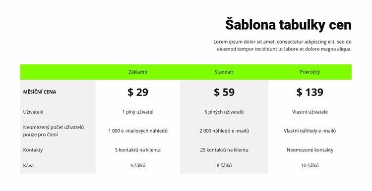 Cenová tabulka se zeleným záhlavím Šablona HTML