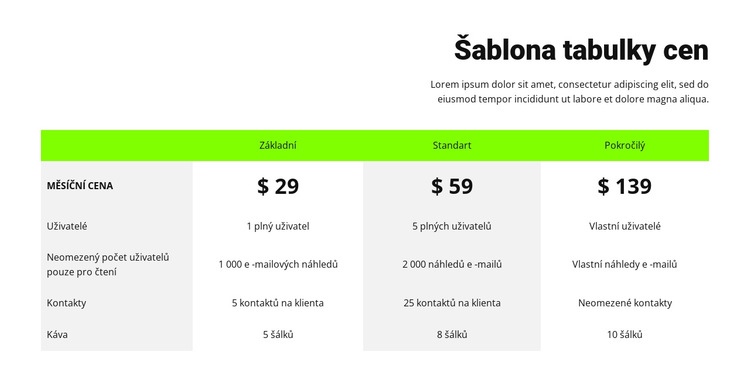 Cenová tabulka se zeleným záhlavím Šablona webové stránky