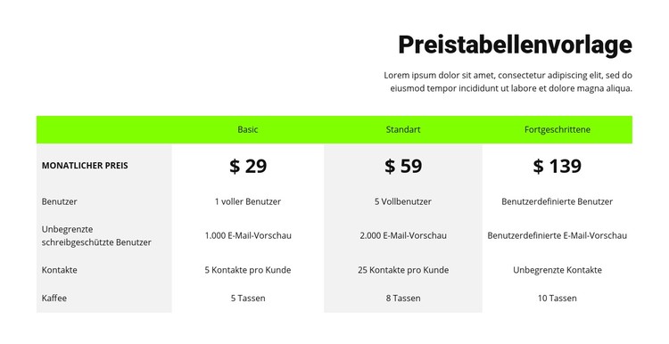 Preistabelle mit grünem Header CSS-Vorlage