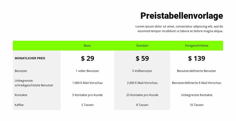 Preistabelle mit grünem Header HTML Website Builder