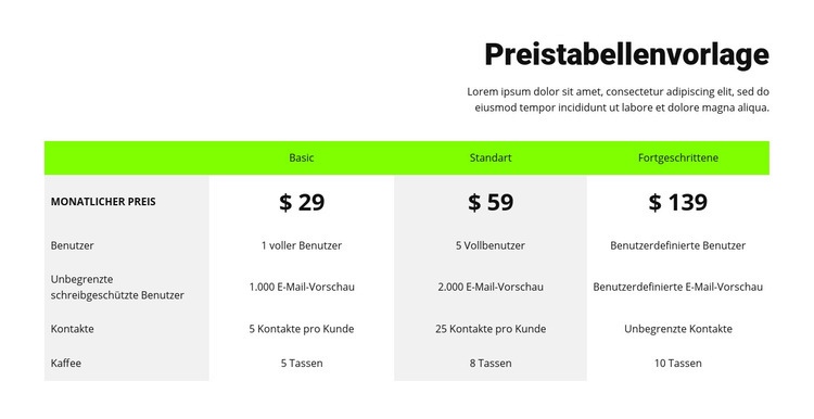 Preistabelle mit grünem Header HTML5-Vorlage