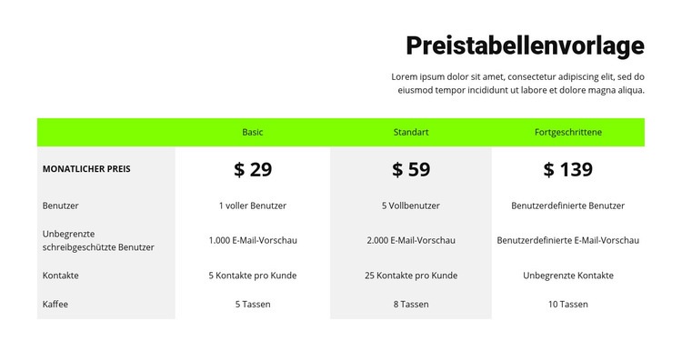 Preistabelle mit grünem Header Website-Modell
