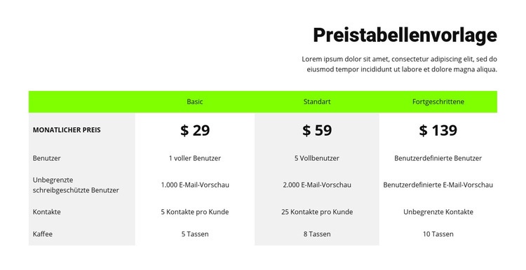 Preistabelle mit grünem Header Landing Page