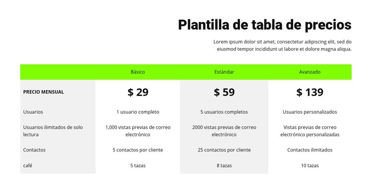 Tabla de precios con encabezado verde Creador de sitios web HTML