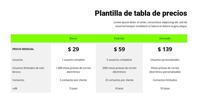 Tabla de precios con encabezado verde Plantillas de creación de sitios web