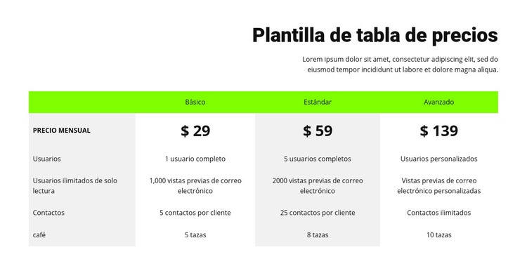 Tabla de precios con encabezado verde Diseño de páginas web