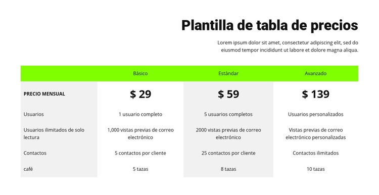 Tabla de precios con encabezado verde Maqueta de sitio web