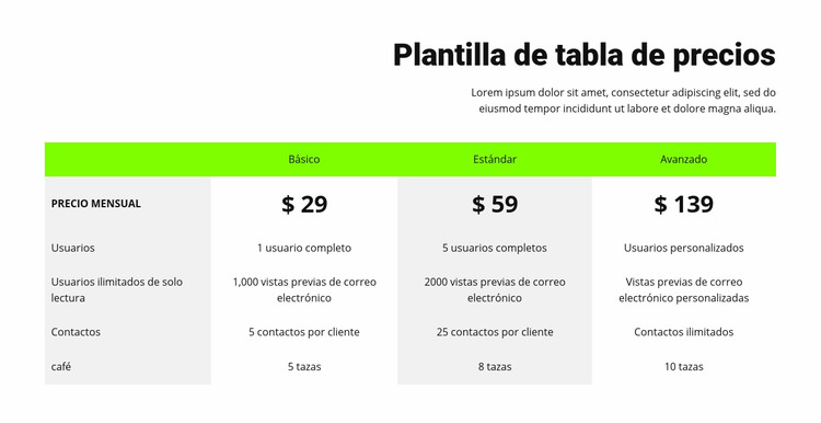 Tabla de precios con encabezado verde Plantilla Joomla