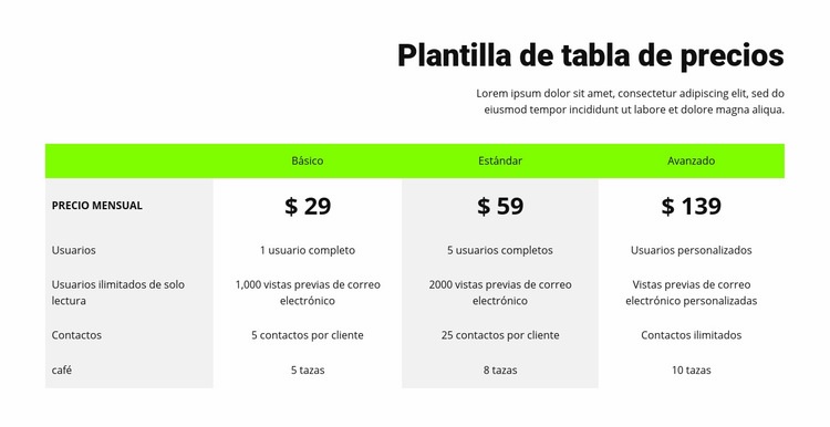 Tabla de precios con encabezado verde Plantilla