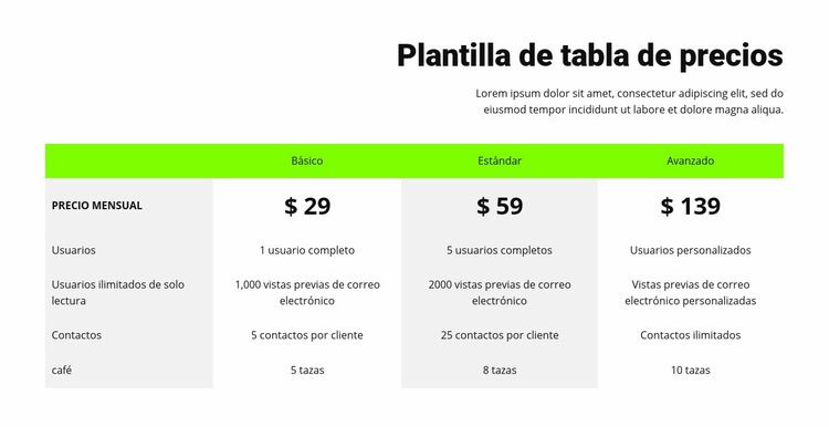 Tabla de precios con encabezado verde Plantilla de una página