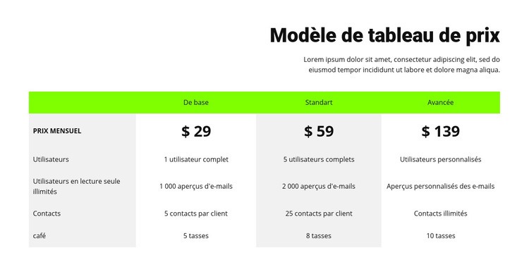 Tableau de prix avec en-tête vert Conception de site Web