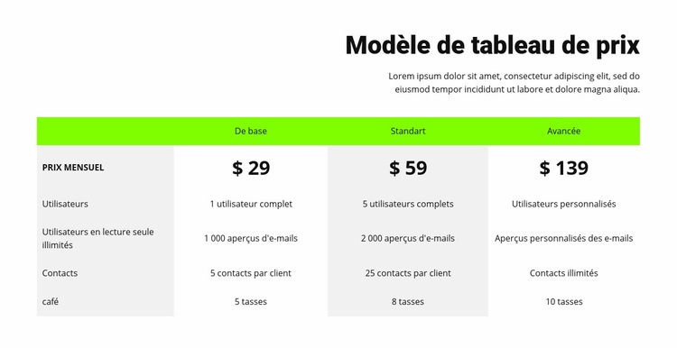 Tableau de prix avec en-tête vert Maquette de site Web
