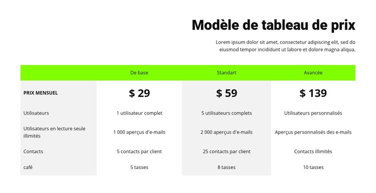 Tableau de prix avec en-tête vert Modèle CSS