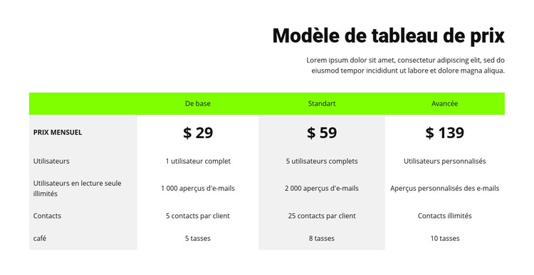 Tableau de prix avec en-tête vert Modèle de site Web