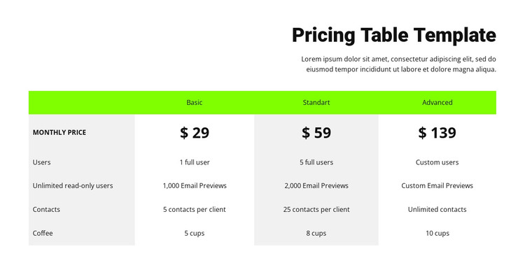 Pricing table with green header HTML Template
