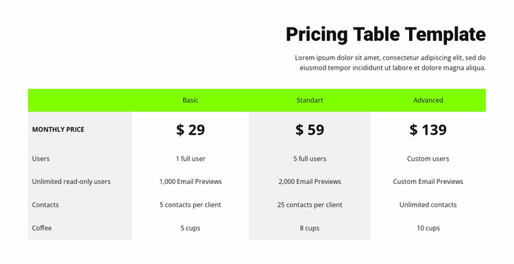 Pricing table with green header Html Website Builder