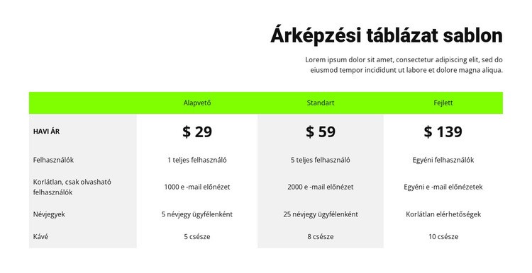 Árképzési táblázat zöld fejléccel Weboldal tervezés