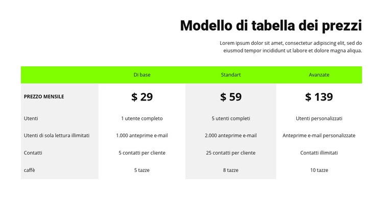 Tabella dei prezzi con intestazione verde Un modello di pagina
