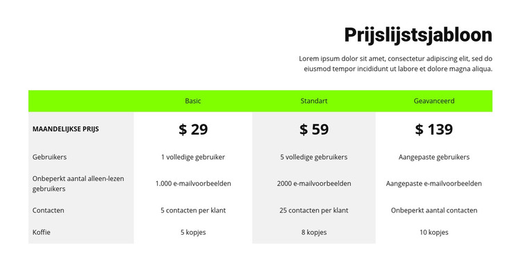 Prijslijst met groene kop HTML-sjabloon