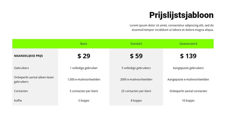 Prijslijst met groene kop HTML5-sjabloon