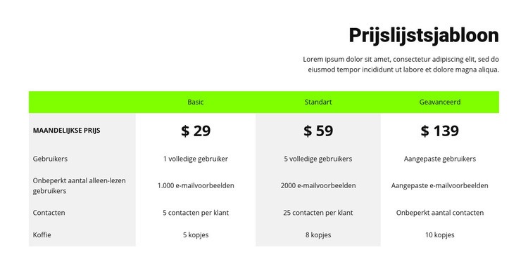 Prijslijst met groene kop Sjabloon voor één pagina