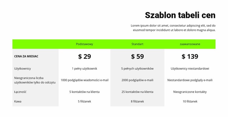 Tabela cen z zielonym nagłówkiem Kreator witryn internetowych HTML