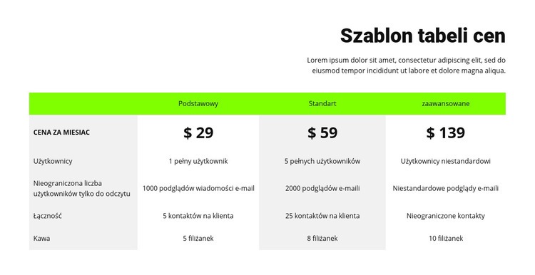 Tabela cen z zielonym nagłówkiem Makieta strony internetowej