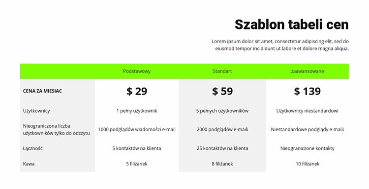 Tabela cen z zielonym nagłówkiem Projekt strony internetowej