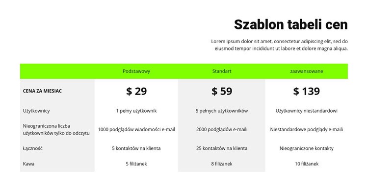 Tabela cen z zielonym nagłówkiem Szablon HTML5