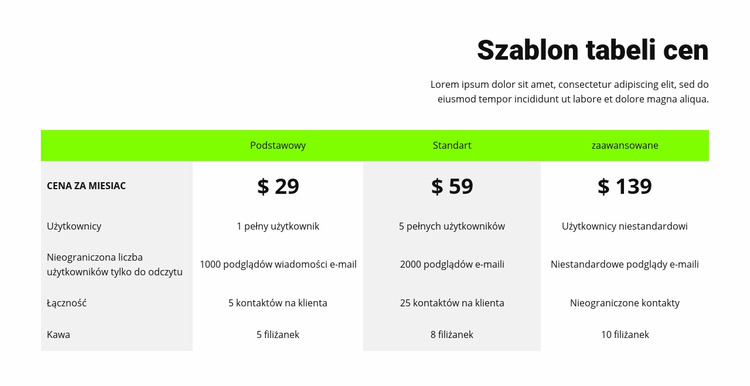 Tabela cen z zielonym nagłówkiem Szablon Joomla