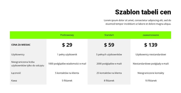 Tabela cen z zielonym nagłówkiem Szablon