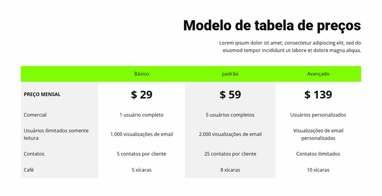 Tabela de preços com cabeçalho verde Construtor de sites HTML