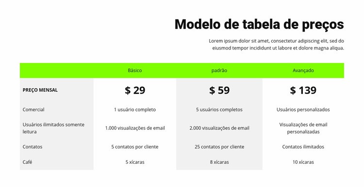 Tabela de preços com cabeçalho verde Design do site