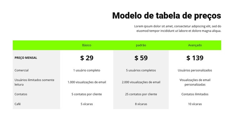 Tabela de preços com cabeçalho verde Maquete do site