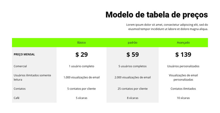 Tabela de preços com cabeçalho verde Modelo HTML