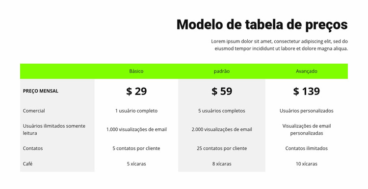 Tabela de preços com cabeçalho verde Template Joomla