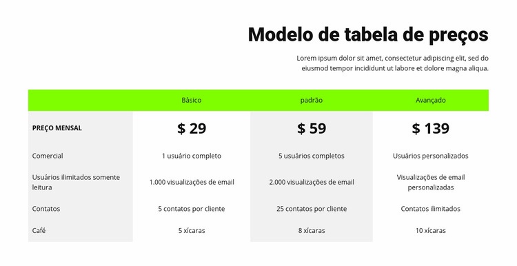 Tabela de preços com cabeçalho verde Landing Page