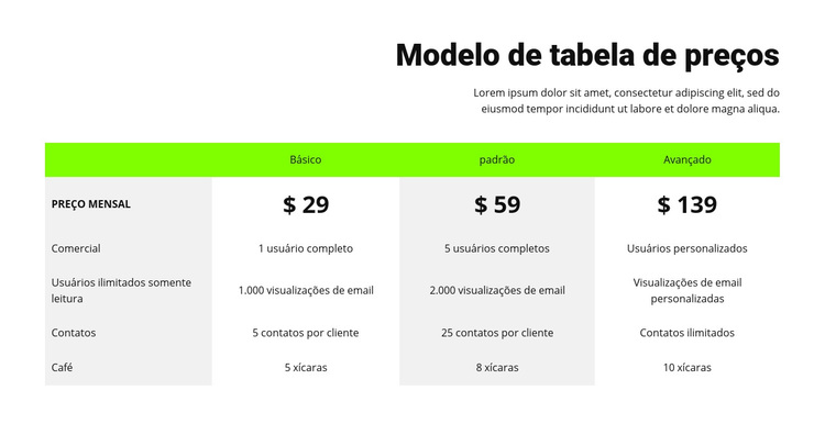 Tabela de preços com cabeçalho verde Tema WordPress