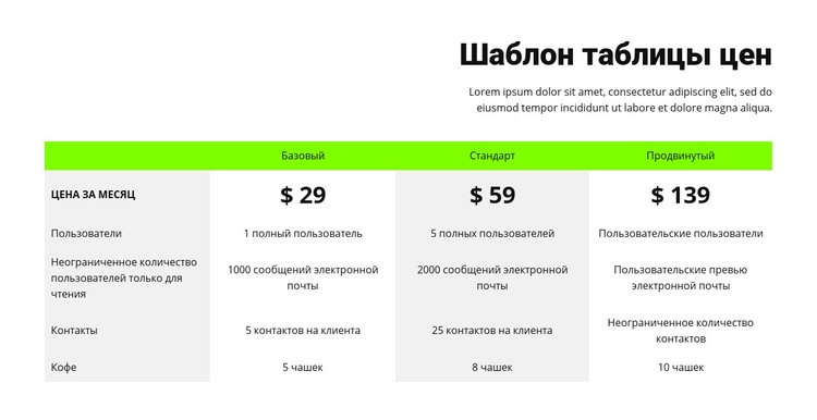 Таблица цен с зеленым заголовком Конструктор сайтов HTML