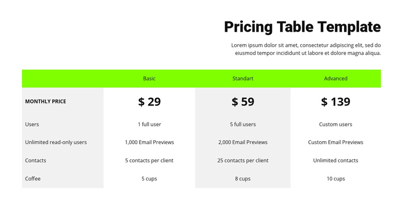 Pricing table with green header Squarespace Template Alternative