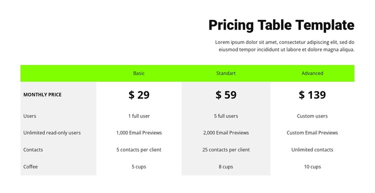 Pricing table with green header Static Site Generator