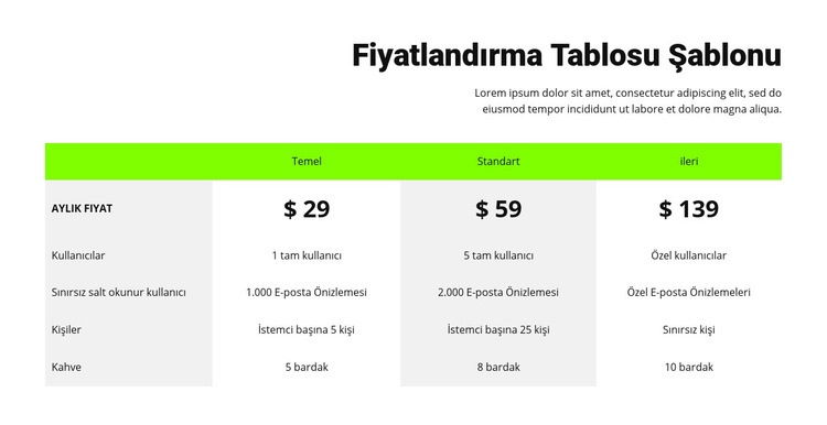 Yeşil başlıklı fiyatlandırma tablosu HTML5 Şablonu
