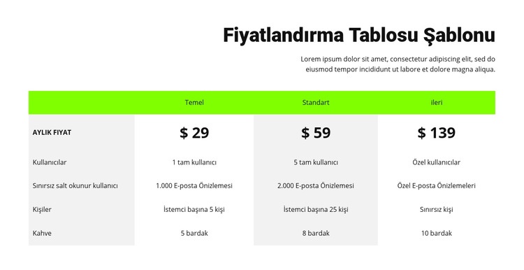 Yeşil başlıklı fiyatlandırma tablosu Web Sitesi Mockup'ı