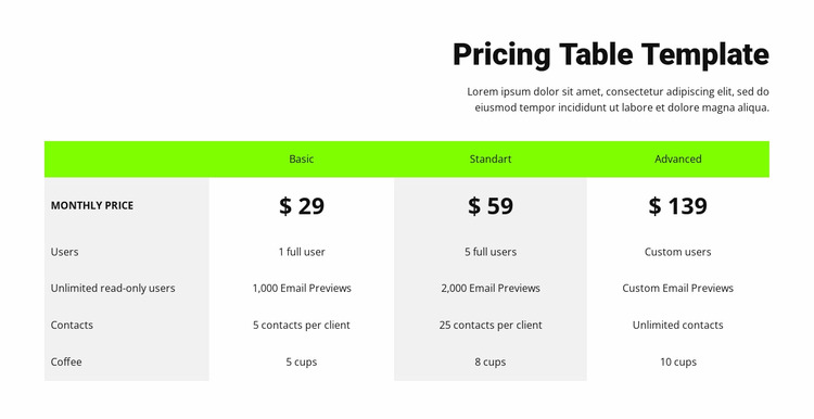 Pricing table with green header WordPress Website Builder