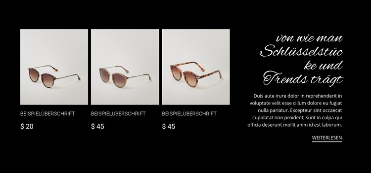 Neue Sonnenbrillenkollektion Website-Modell