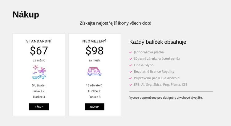 Standardní a neomezené plány Šablona CSS