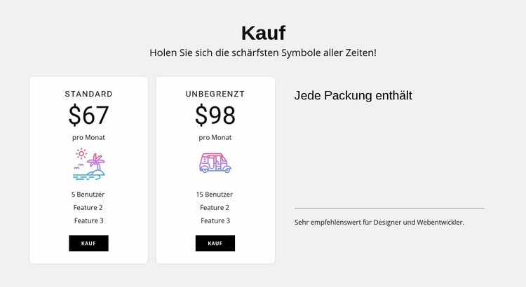 Standard und unbegrenzte Pläne Website-Modell