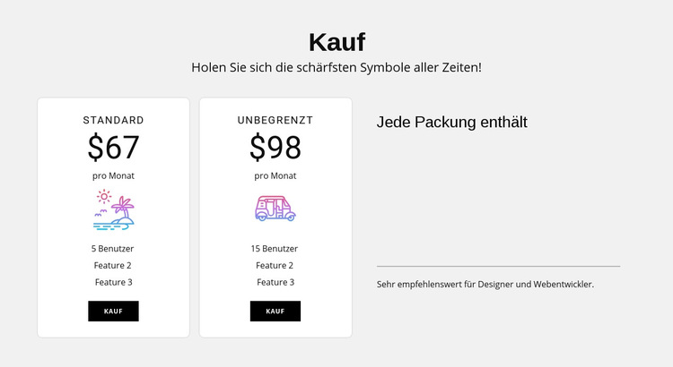 Standard und unbegrenzte Pläne Website-Vorlage