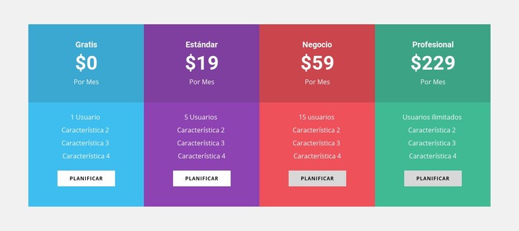 Tabla de precios de colores Plantillas de creación de sitios web