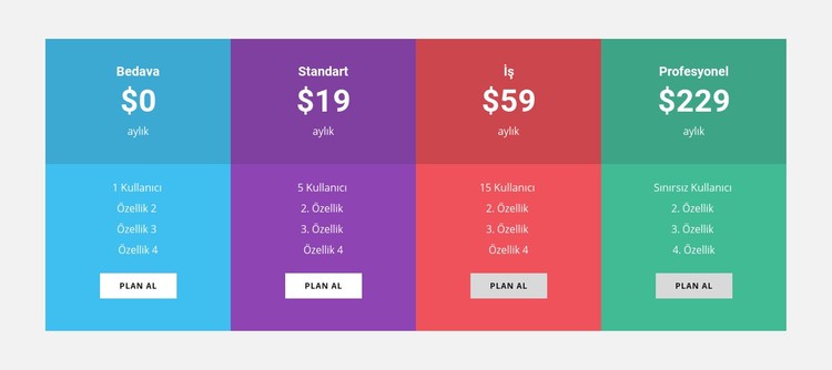 Renkli fiyatlandırma tablosu CSS Şablonu